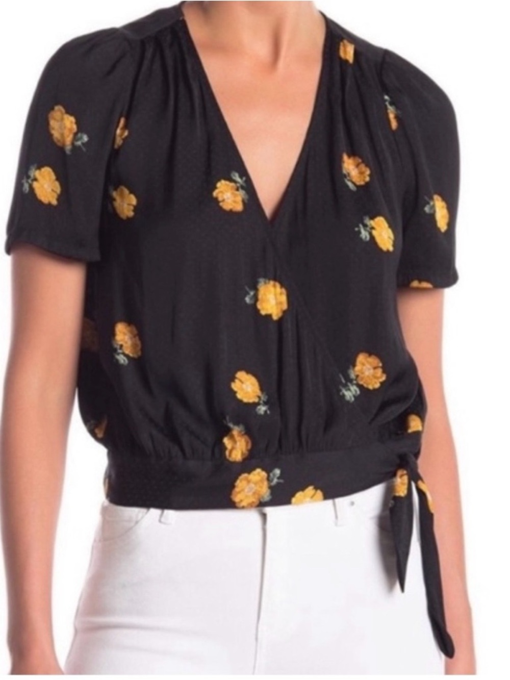Madewell Black Floral Wrap Top Tie Waist Blouse Size Small